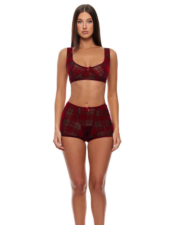 Ensemble de lingerie en dentelle à carreaux en velours : bralette et culottes pour la vente par Forplay Inc.