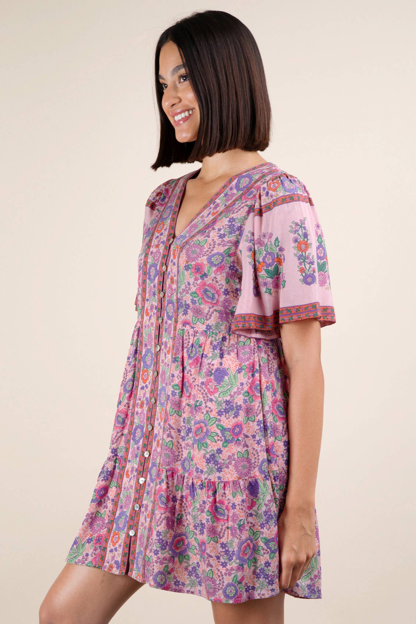 VERY J - Wholesale Dress - Women's - ND31637-Shirring Detail Printed Woven Mini Dress5