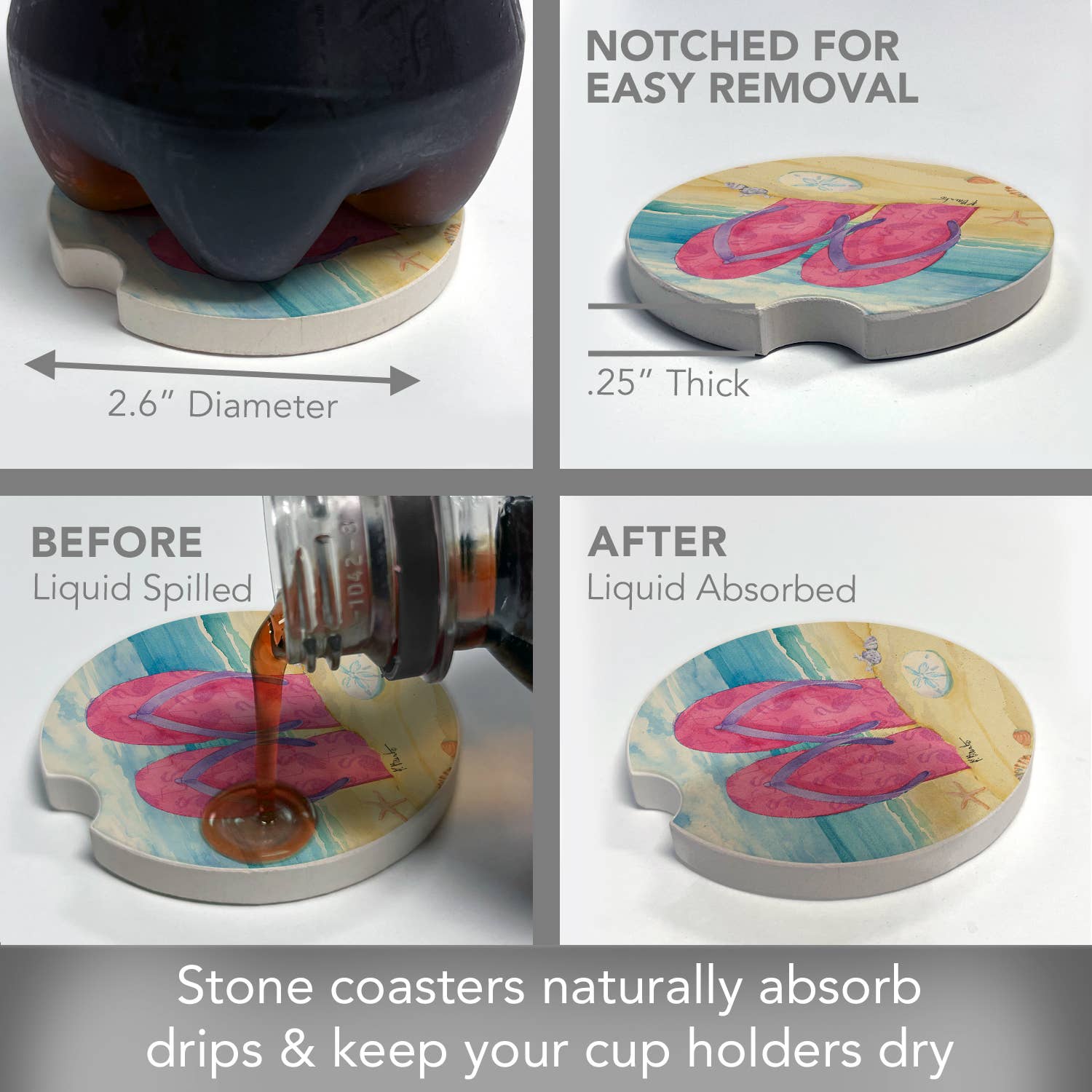 Conimar Promotions - Wholesale Coasters - "Toes in the Sand" 1-Pack Absorbent Stone Car Coaster    4