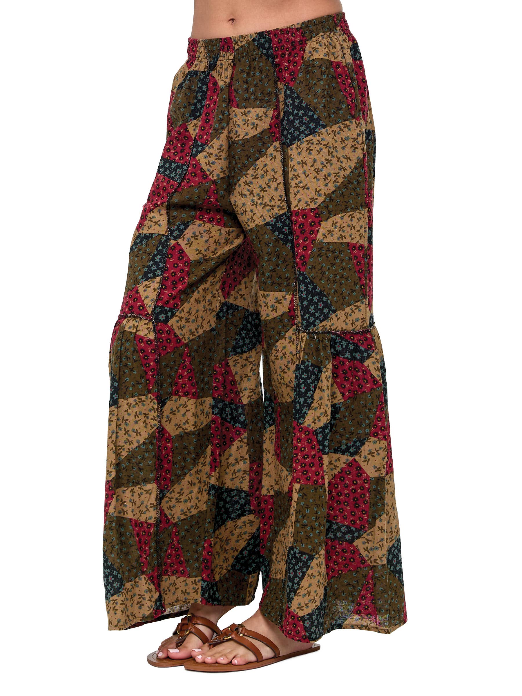 Yak & Yeti - Wholesale Pants - Women's - Palazzo Pants Boho Ruffled Floral Patchwork4