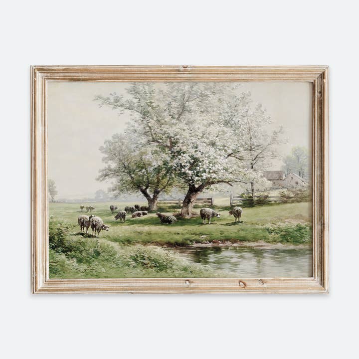 Vintage Farmhouse Spring Flower Garden Sheeps Art Print VP94 for wholesale by Sugar & Canvas