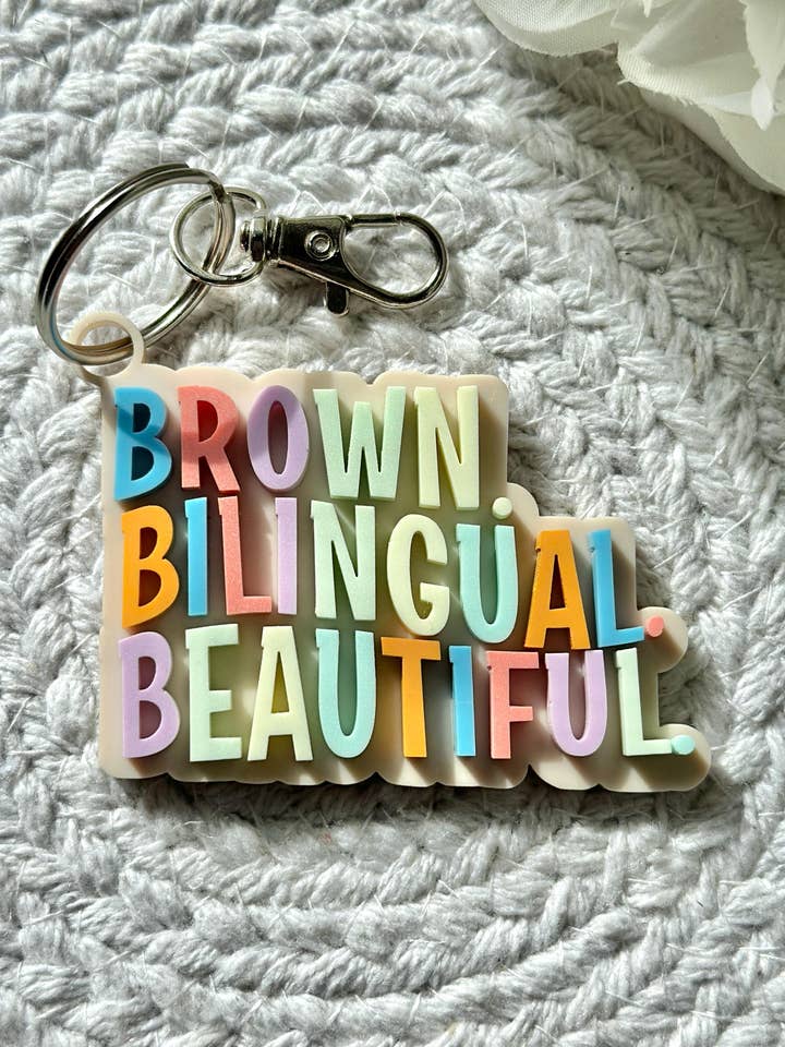 Bilingual Acrylic Keychain: Brown Boho Backpack Tag for wholesale by Marden S Design