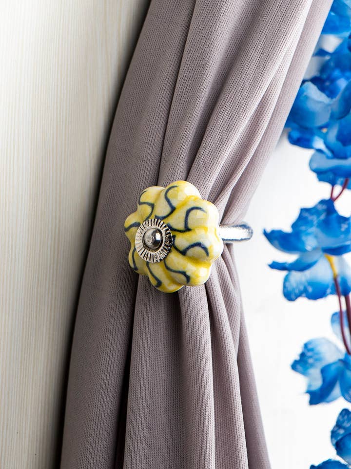 Yellow Color Handmade Decorative Ceramic Flower Curtain Tie Back Hook Rustic Bathroom Towel Hook Antique Hook (Set of 2) for wholesale by KNOBCO