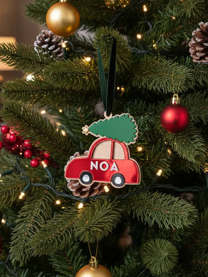 Personalized Christmas bauble, toy car, and Christmas tree for wholesale by ATELIER MFK