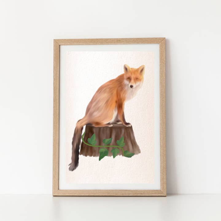 Fox on Tree Stump Art Print - A6, A5, A4, A3 Animal Wall Art for wholesale by Famjo Boutique