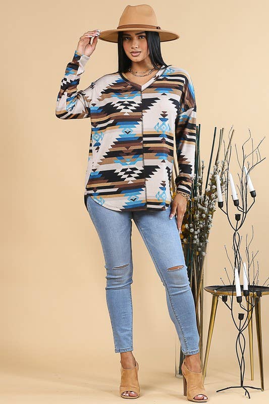 MARRÓN/TURQUESA AV1146-TOP CON DETALLE DE PESPUNTES Y ESTAMPADO AZTECA MEGAN de venta al por mayor en Faire6