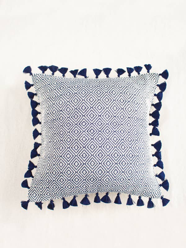 Blue Rhombus & Tassels Pillow for wholesale by Lula Mena