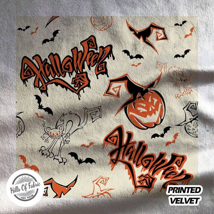 Panneau en tissu imprimé Halloween Pumpkin Cat pour la vente par Hills Of Fabric