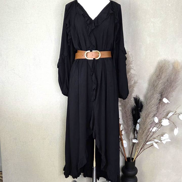 Tempest Designs – wholesale Dress – Women's – Viscose dress with ruffle detail and flattering split (belt not included) (M-L)1