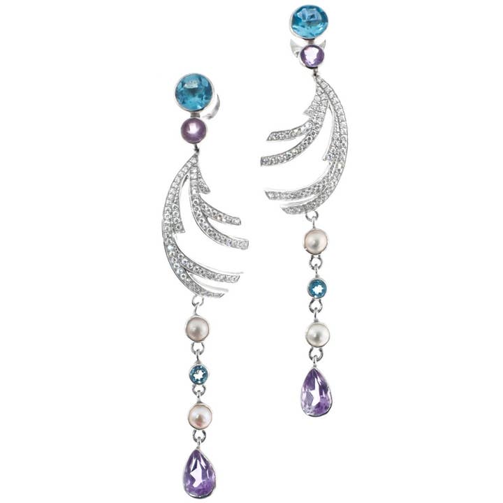 Pendientes de botón colgantes de cóctel de plata de ley 925 con topacio azul largo, 6,35 cm. para venta al por mayor de FifiRose