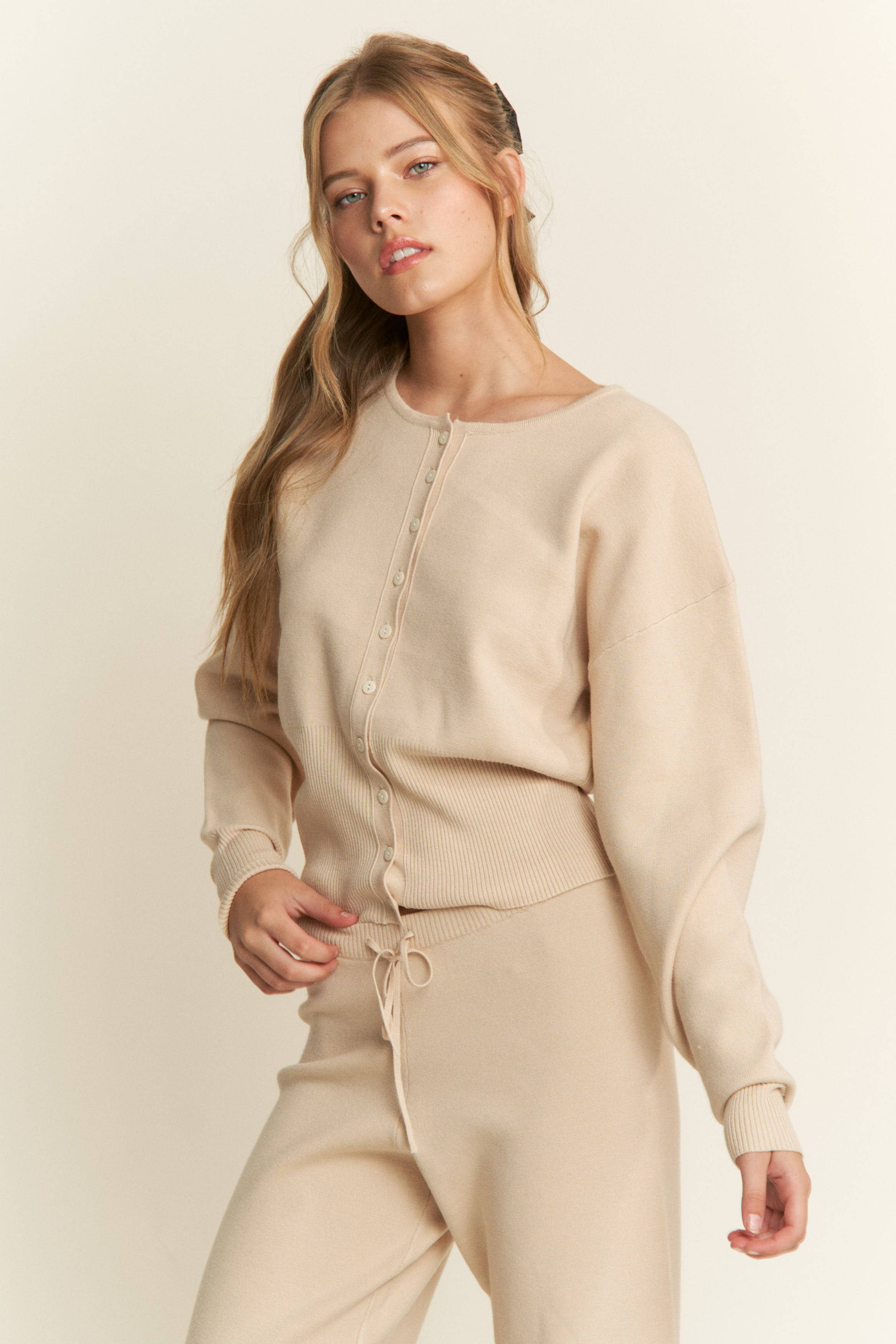 Beige Classic Button Down Knit Cardigan (Matching Set) for wholesale on Faire3
