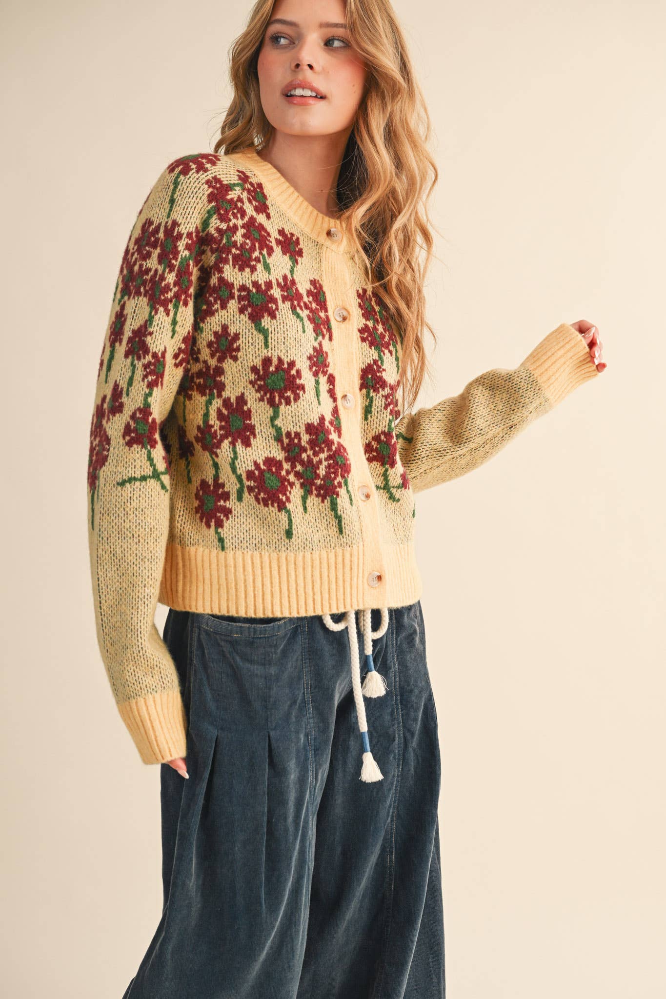 &MERCI - Wholesale Cardigan - Women's - FLORAL KNIT BUTTON DOWN SWEATER CARDIGAN MSW1123815