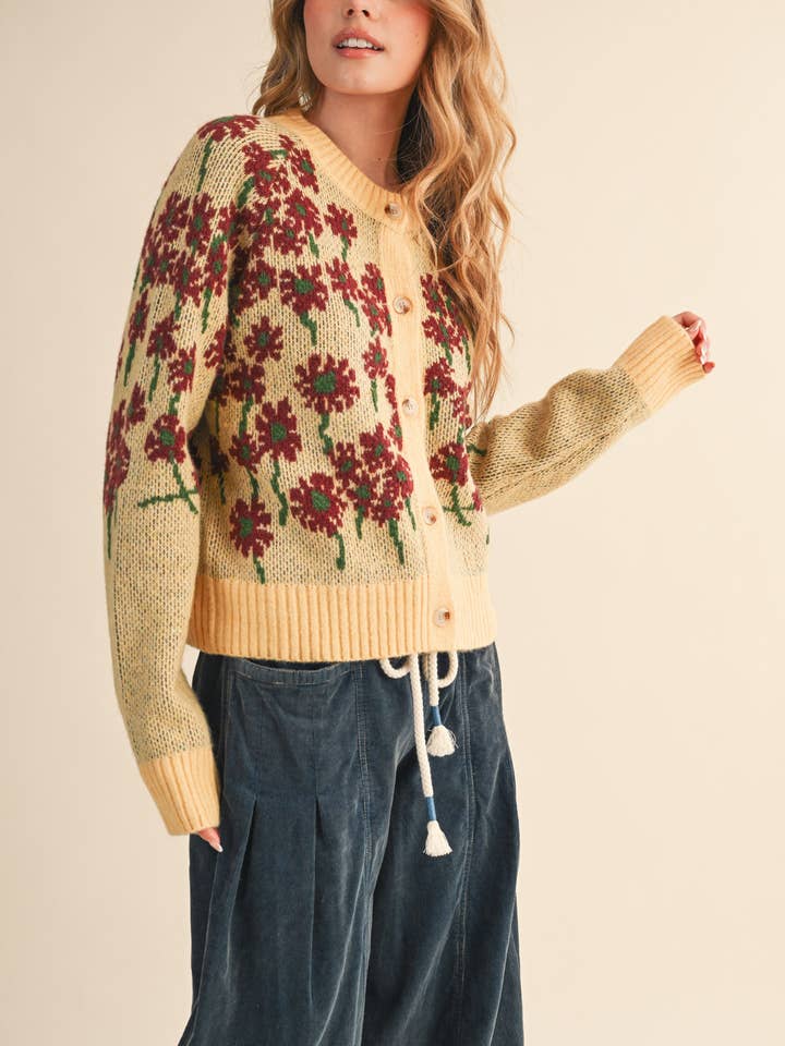 &MERCI - Wholesale Cardigan - Women's - FLORAL KNIT BUTTON DOWN SWEATER CARDIGAN MSW112384