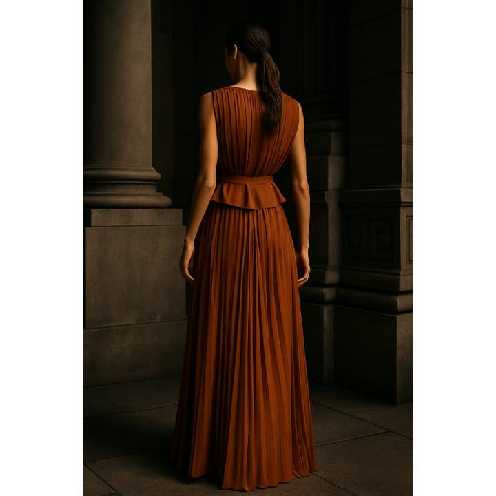 TERRA COTTA TERRACOTTA PLEATED GODDESS GOWN for wholesale on Faire2