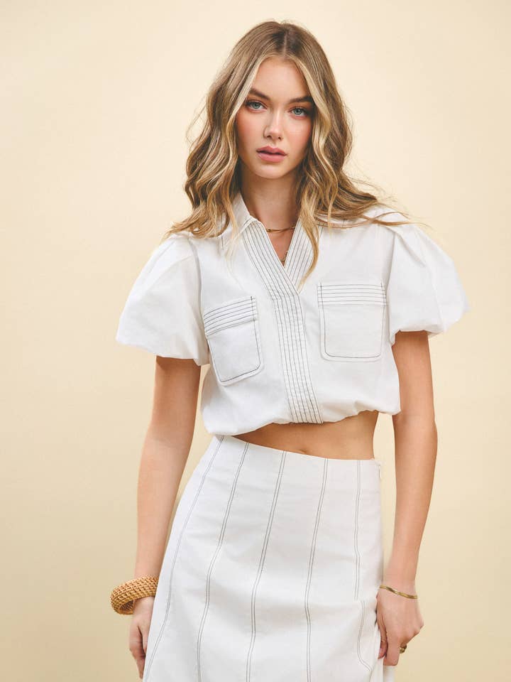 White CT9355-Bubble Sleeves Contrast topstitching Detail Top for wholesale on Faire
