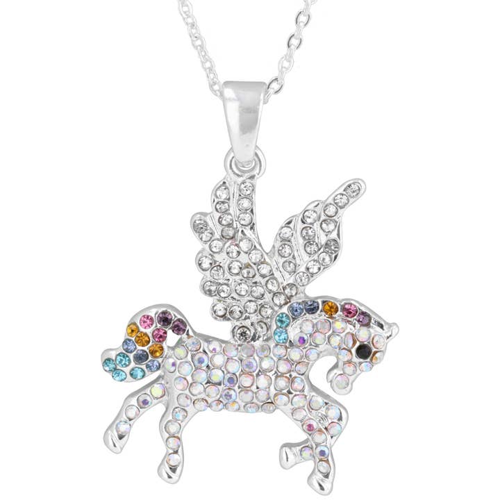 Silver Tone Pegasus Pendant Necklace w Multi Color Crystals for wholesale by Luxe on Main LLC