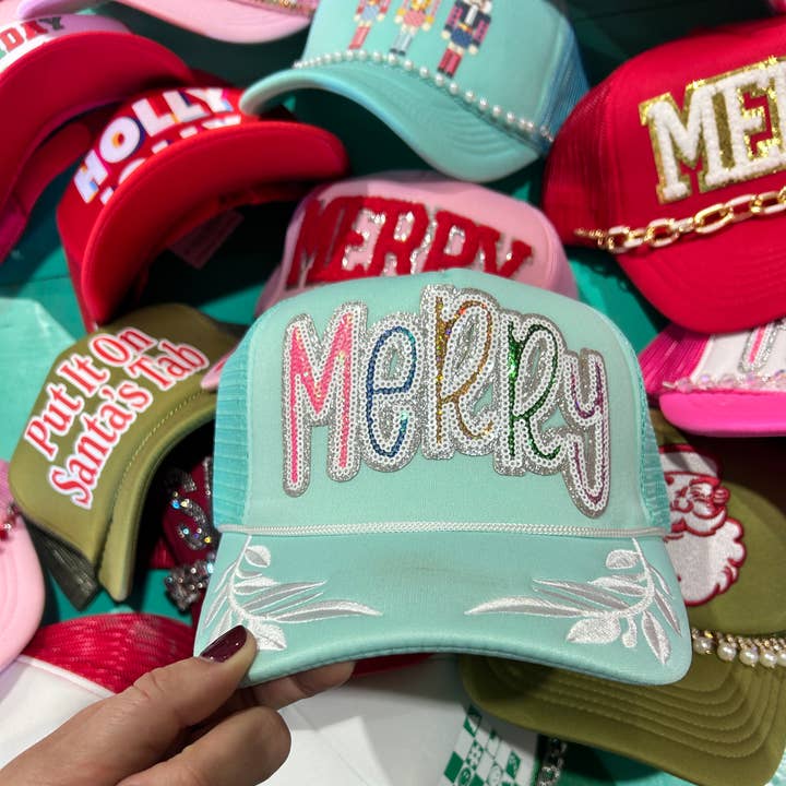Sequin MERRY Trucker Hat | Christmas Caps | Jolly | Santa for wholesale by Vibes Hat Company