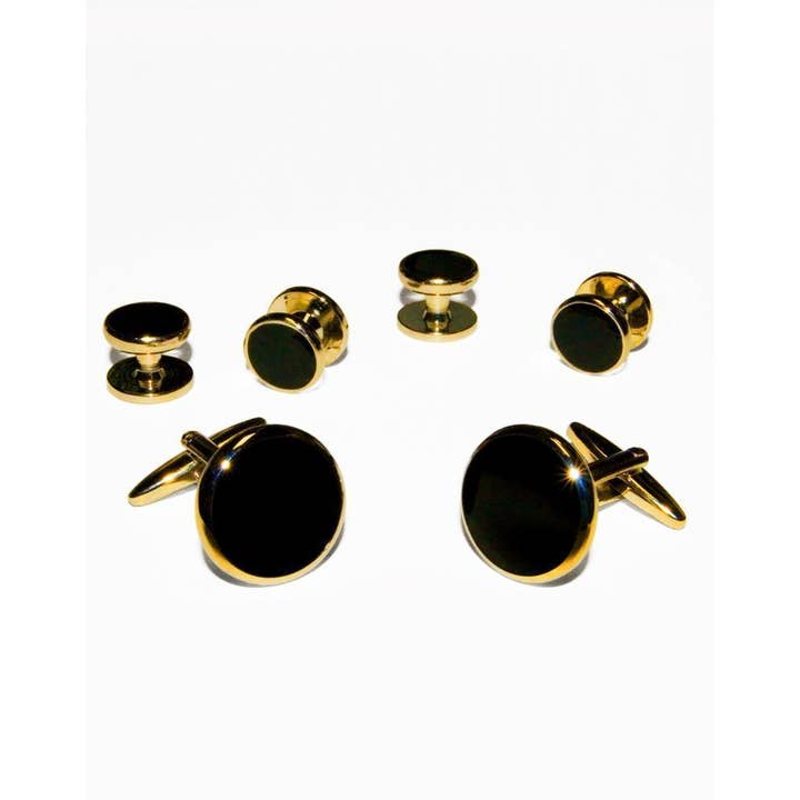 Black Circular Onyx with Gold Trim Studs and Cufflinks Set Black Circular Onyx with Gold Trim Studs and Cufflinks Set