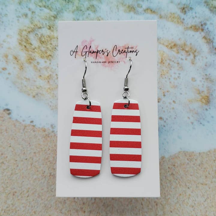 Red & White Striped Mini Bar Leather Earrings for wholesale by A Glamper's Creations LLC