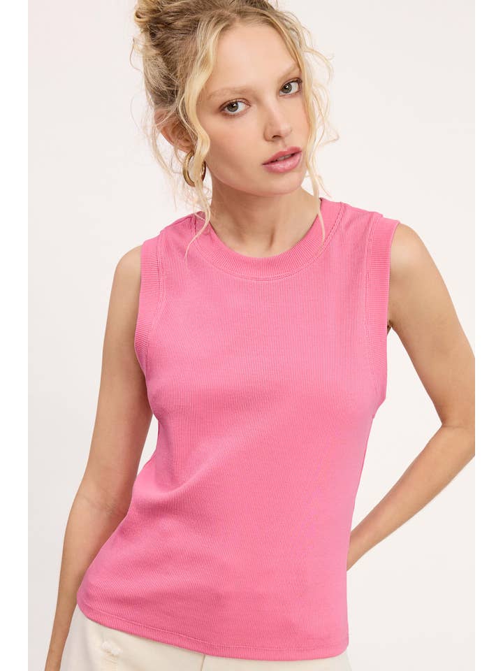 La Miel - Wholesale Tank Top - Women's - HUT7340-Stretchy Basic Ribbed Sleeveless Crew Neck Top14