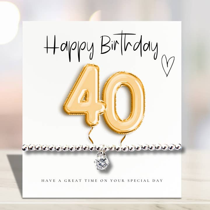 40th Birthday Cubic Zirconia Silver Bracelet & Gold Balloons Card for wholesale by Aye Do Gifts