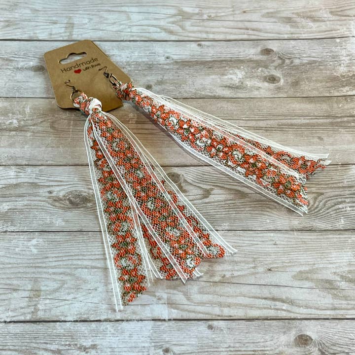 Lace Tassel Earrings Orange and White Floral for wholesale by Open Window Studios