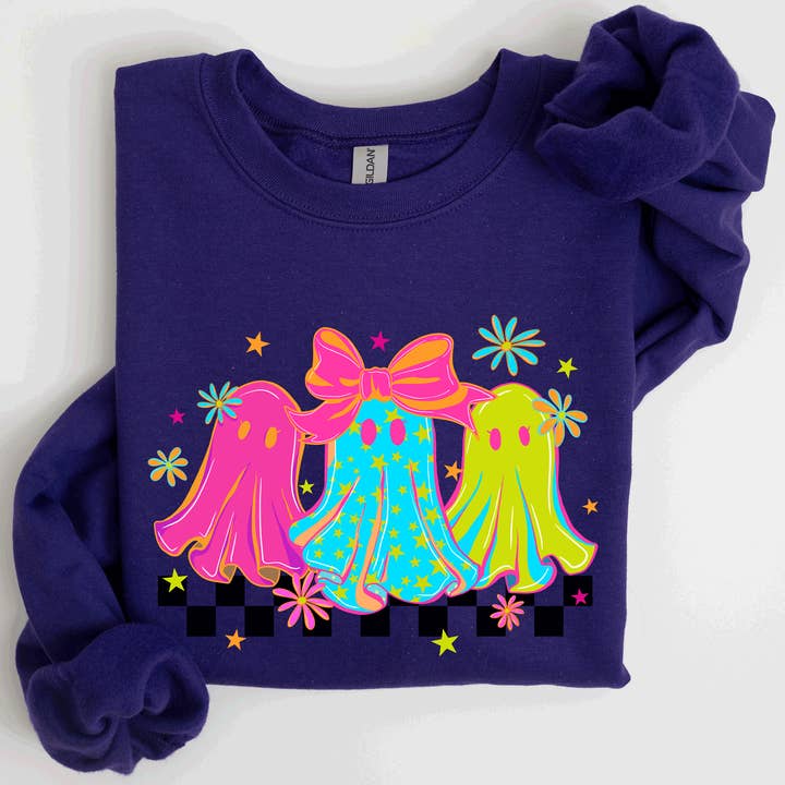 Bright and Colorful, Retro Halloween Ghosts Sweatshirt for wholesale by Refinery Number One LLC