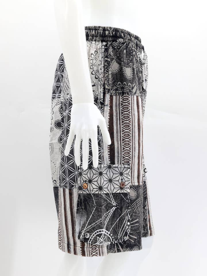 Himalaya Handmade - Vendita all'ingrosso Pantaloncini (non jeans) - Uomo - Pantaloncini Bohemien Patchwork Gheri Bianco e Nero Fatti a Mano in Cotone Hippie4