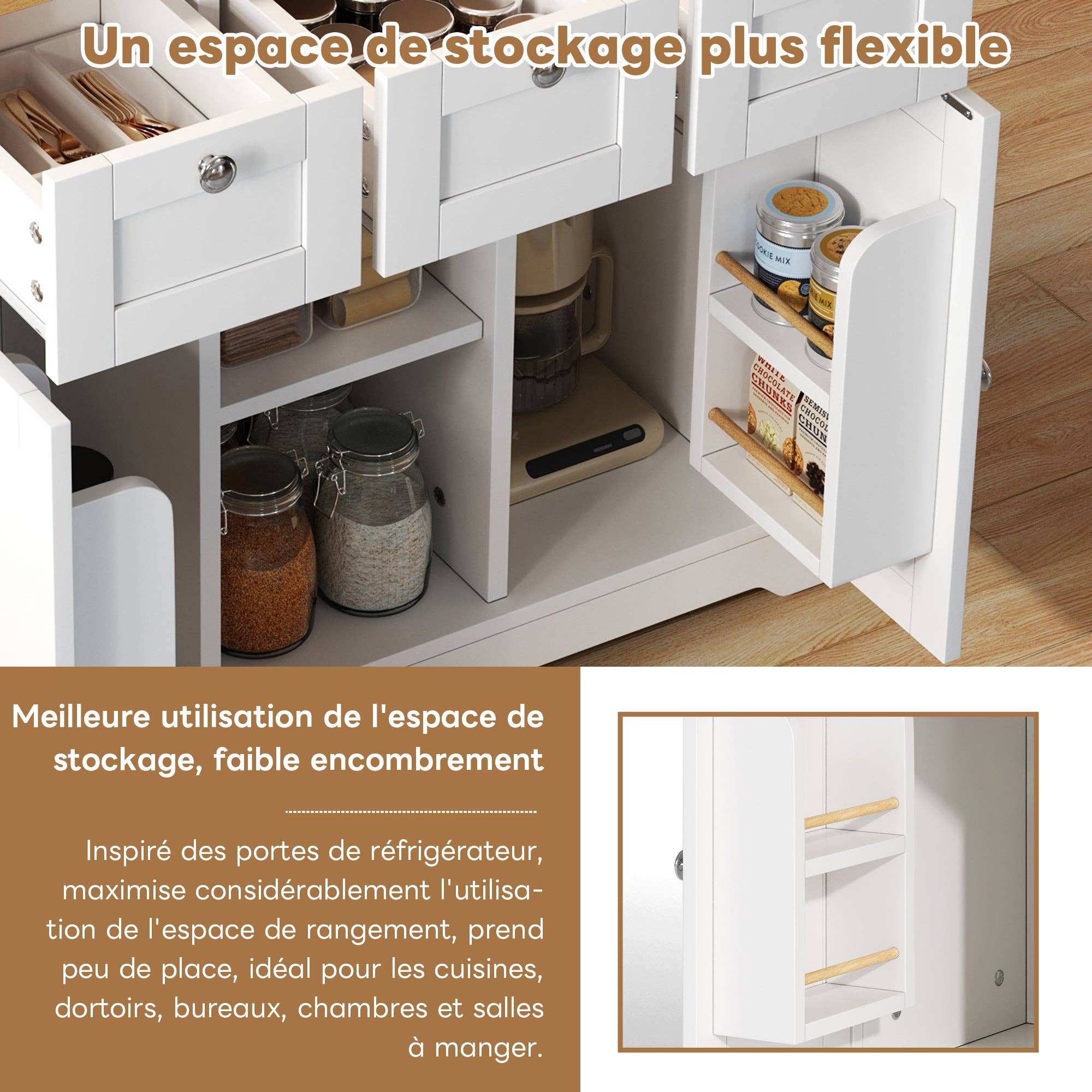 Urban Meuble - Wholesale Kitchen Storage/Organizer - White kitchen island with wood effect, extendable top, storage, and USB ports AMYLOPECT14
