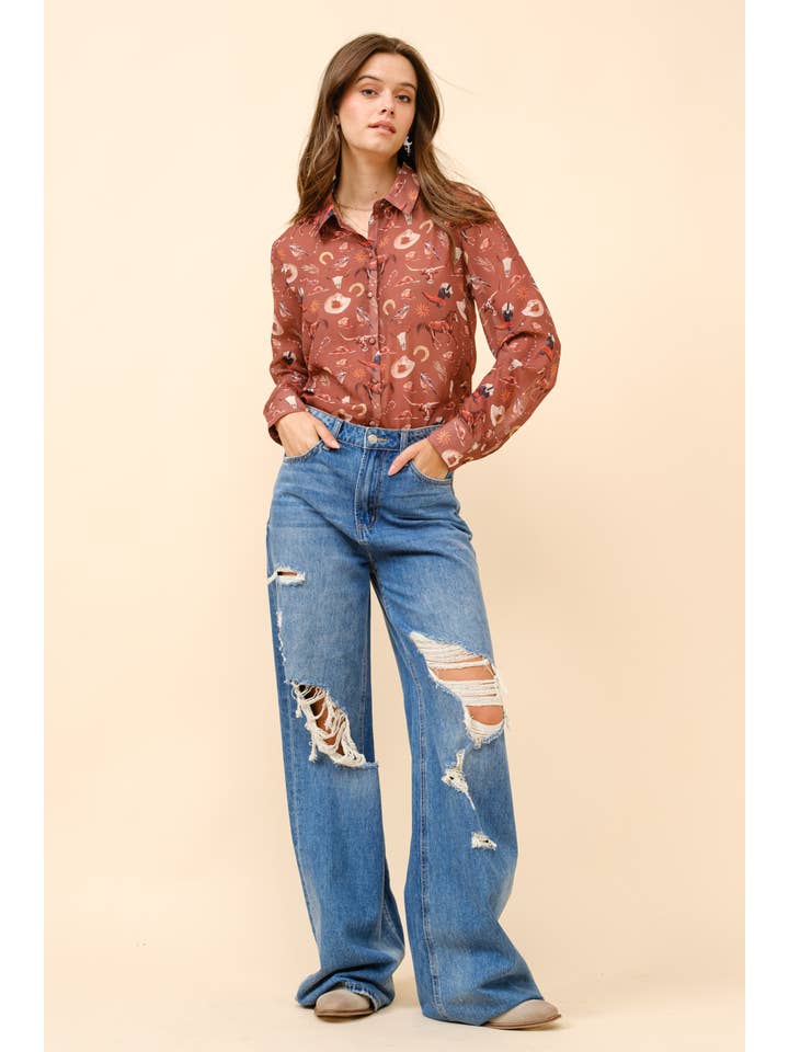 Blue B - Wholesale Button Down Shirt - Women's - 36204T - Western Print Chiffon Button Up Blouse6