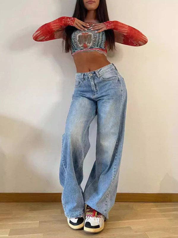 BLUE Loose Wide Leg Split-Joint Jean Pants Bottoms for wholesale on Faire