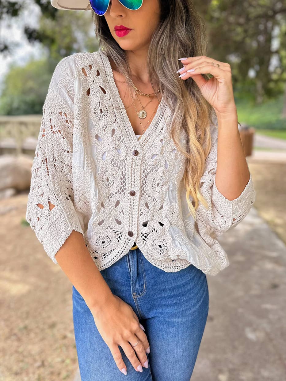 Ivory Boho Lace Detail Dolman Sleeve Button-Down Cardigan for wholesale on Faire1