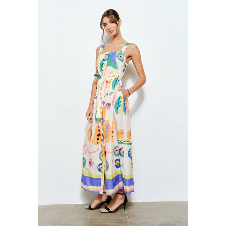 IVORY MULTI Sleeveless Square Neck Playful Printed Maxi Dress for wholesale on Faire
