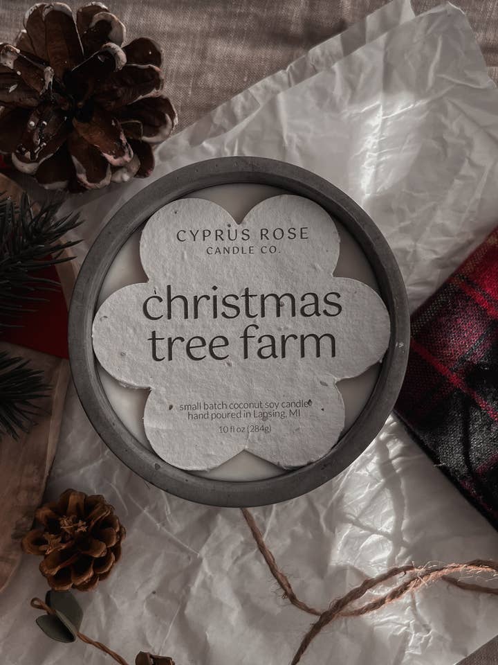 Christmas Tree Farm Coconut-Soy Candle- 10oz Concrete Jar for wholesale by Cyprus Rose Candle Co.