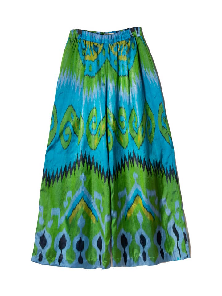 Pantaloni a Gamba Larga Ikat Blu e Verdi per la vendita all'ingrosso da parte di Bibi Hanum