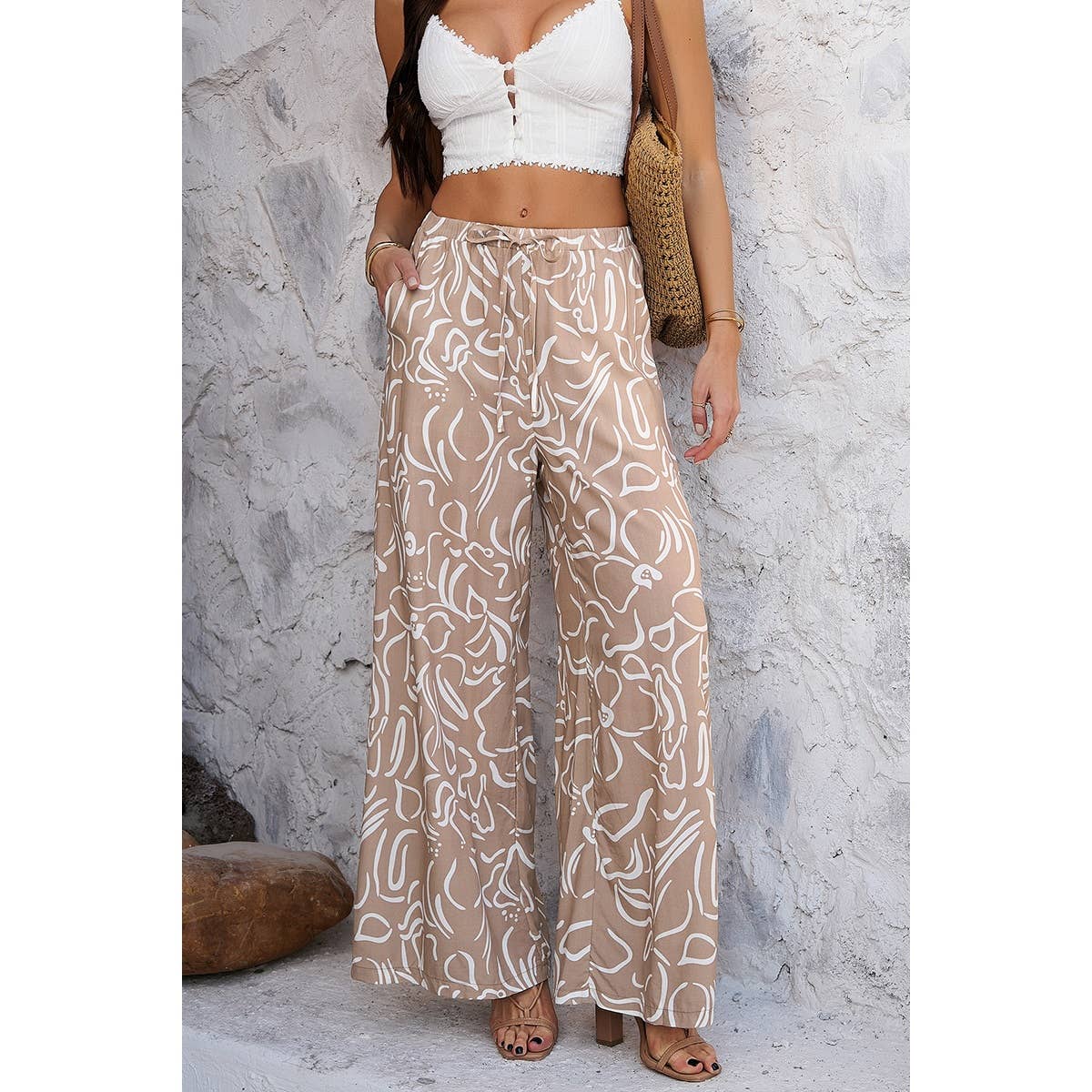 Elings - Wholesale Pants - Women's - Allover Print Drawstring Pockets Wide Leg Pants15