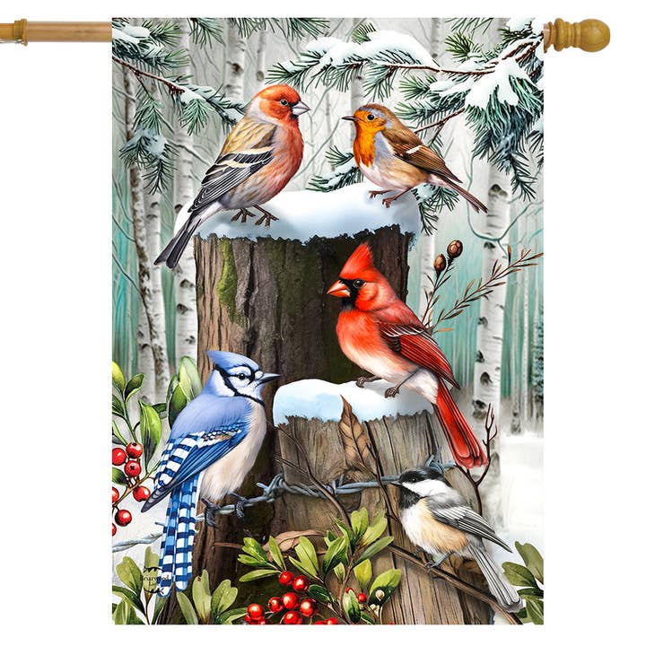 Winter Woodland Birds House Flag for wholesale by Briarwood Lane
