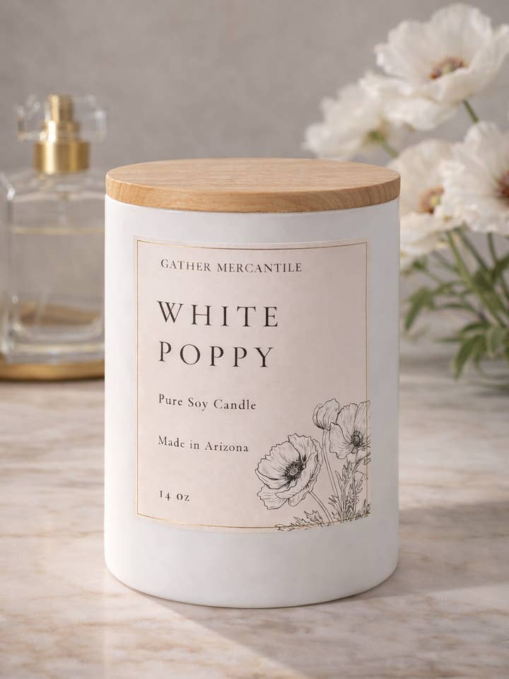 White Poppy Soy Candle for wholesale by Gather Mercantile