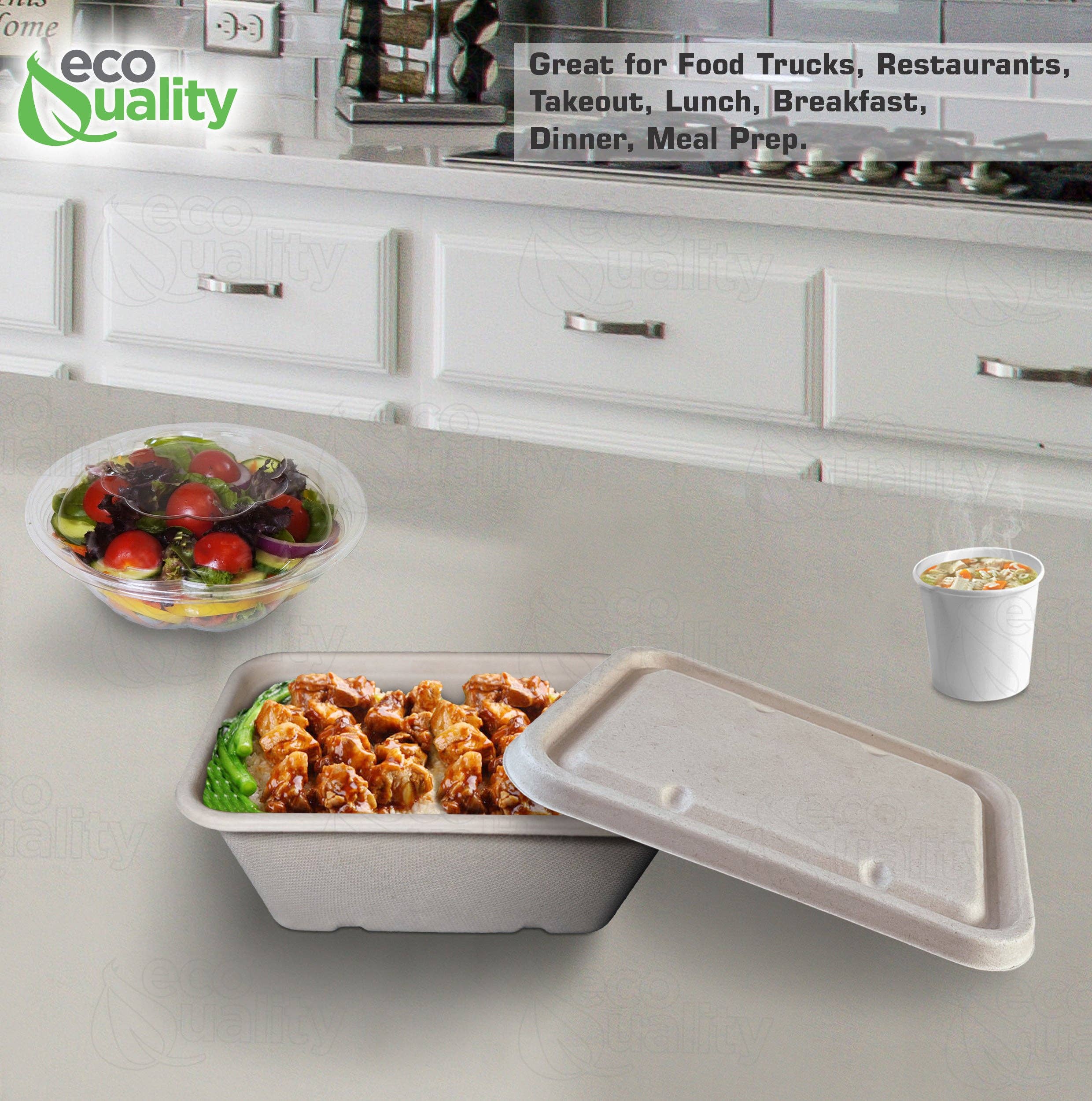 EcoQuality - Wholesale Food storage container - 34oz Sugarcane Fiber Bowl with Sugarcane Lid Compostable Disposable Oblong Food Prep Storage5