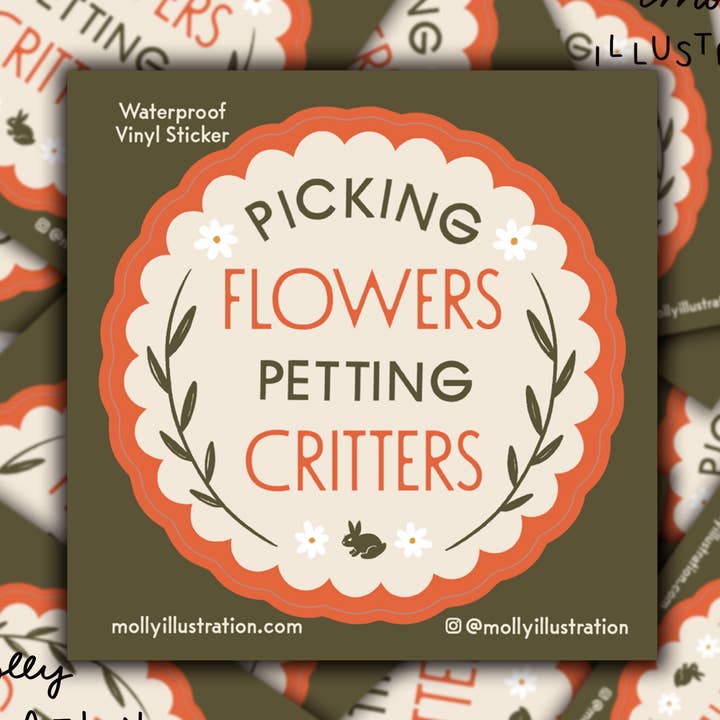 Vinyl-Aufkleber „Picking Flowers Petting Critters“, wasserfest für den Großhandel von Molly Illustration
