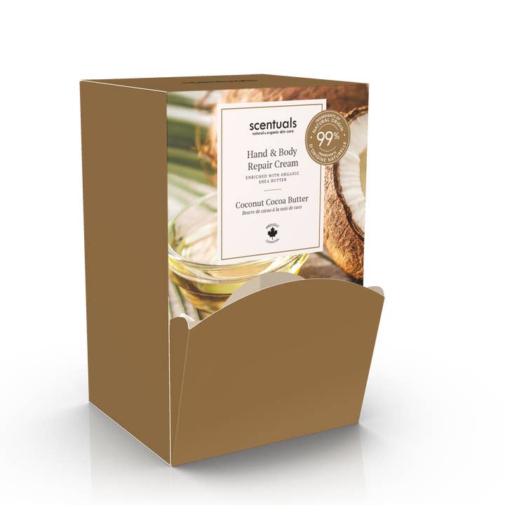 Crème Réparatrice pour les Mains au Beurre de Cacao et Noix de Coco 20ml (Présentoir de 24) pour la vente par Scentuals Natural & Organic Skin Care