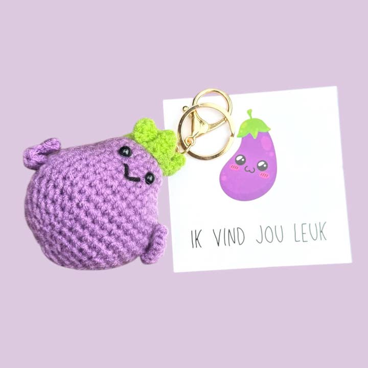 Portachiavi all'uncinetto Melanzana per la vendita all'ingrosso da parte di Sidedish Cards