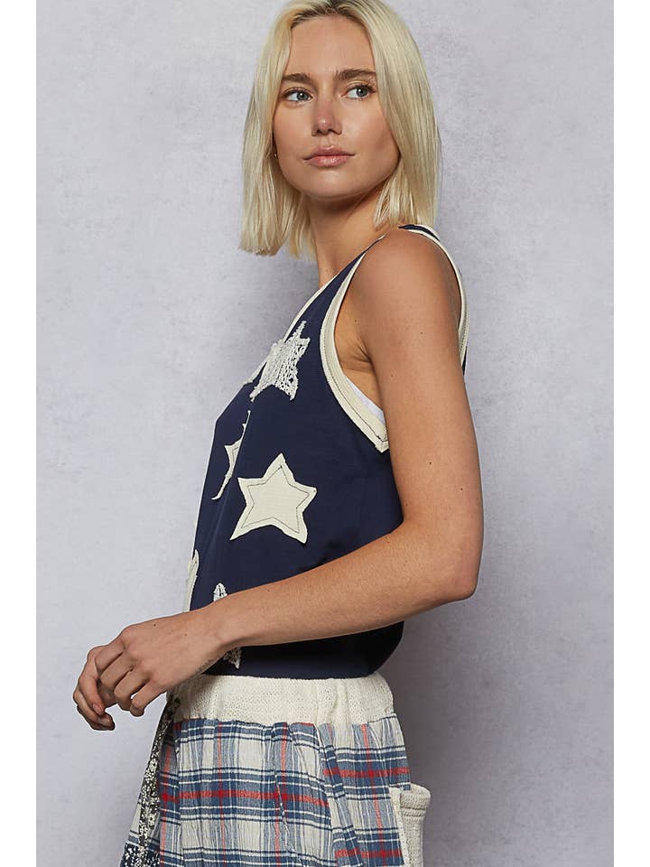 Pol Clothing - Wholesale Tank Top - Women's - V-neck sleeveless front star patches solid basic top SALE