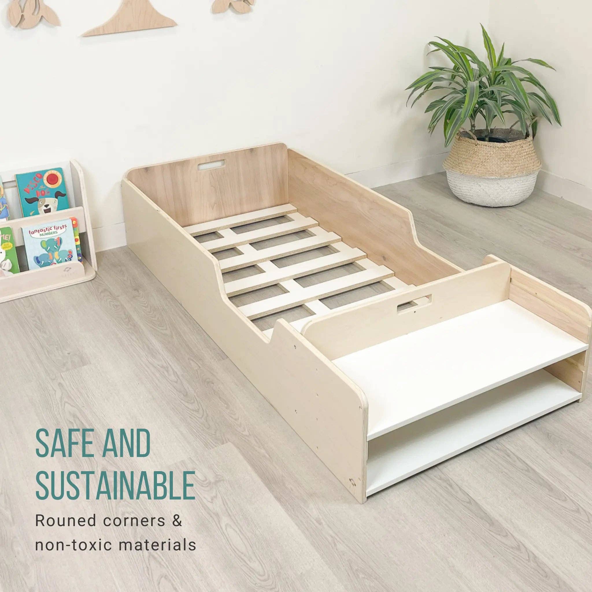 Sapiens Child - Wholesale Bed - Kids & Baby - APPLE - Montessori Floor Bed with Rails & Shelves5