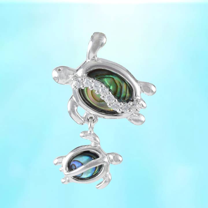 Hawaiian Genuine Paua Shell Mom & Small Sea Turtle Pendant, Sterling Silver Abalone MOP Sea Turtle CZ Pendant, Christmas Birthday Gift for wholesale by Paradise Treasures Jewelry