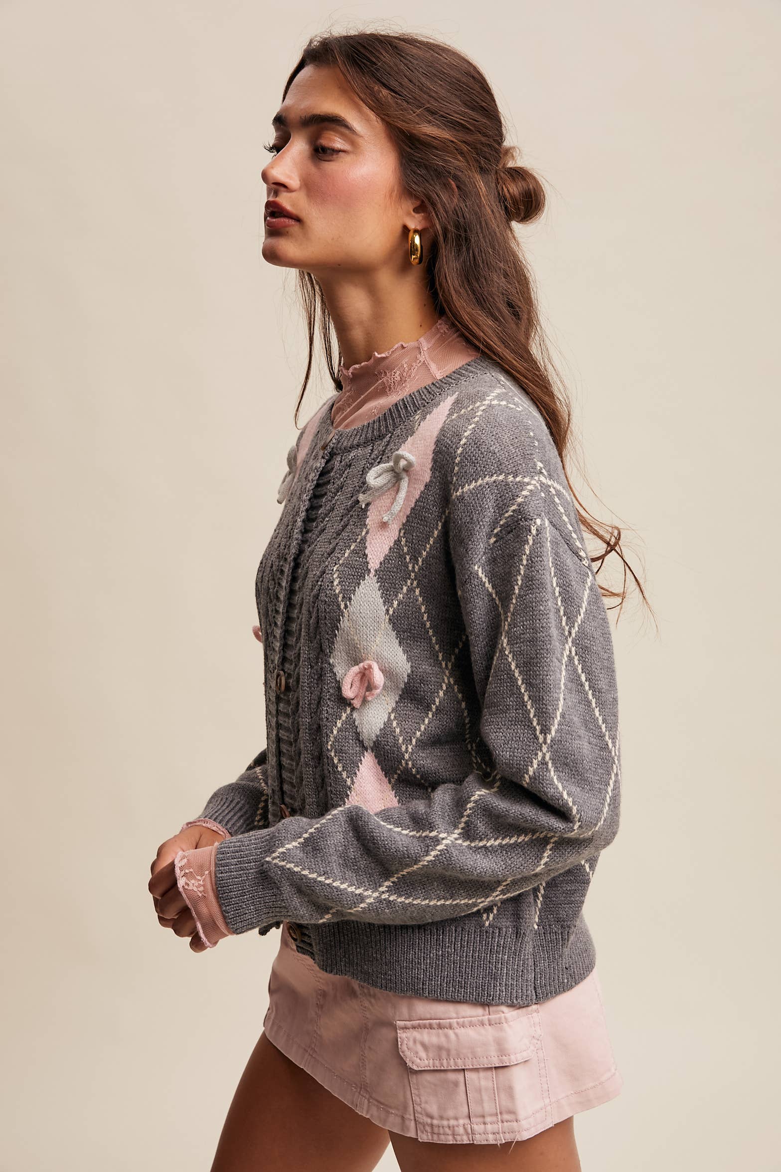 Listicle - Venta al por mayor Cárdigan - Mujer - Cárdigan de Punto con Detalle de Lazo Argyle LSW09731