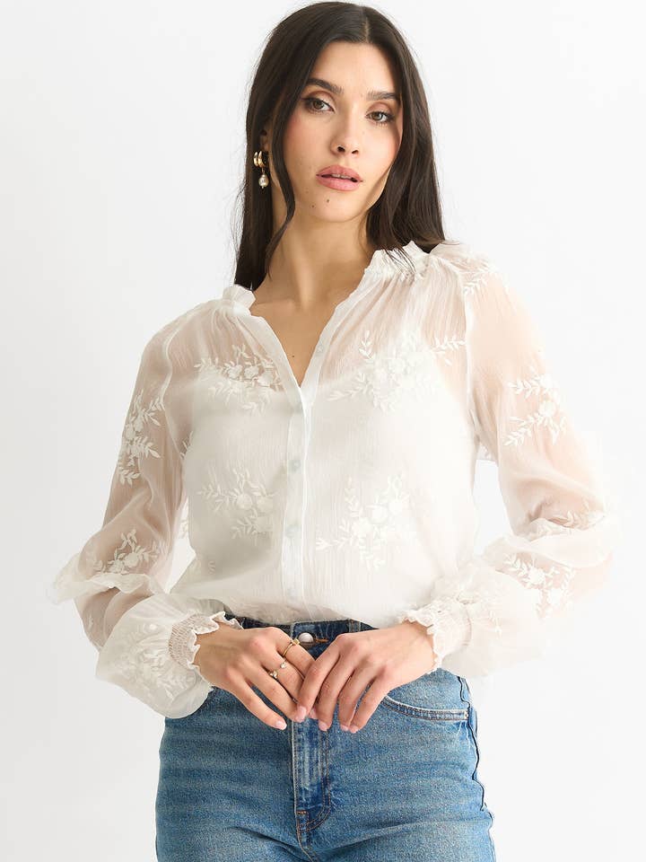 Embroidery puff sleeve top for wholesale by GINI LONDON