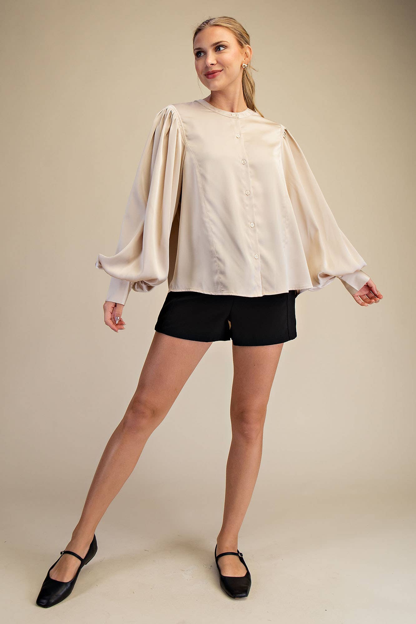 Glam - Wholesale Blouse - Women's - Round Neck Button Down Puff Long Sleeve Satin Top15