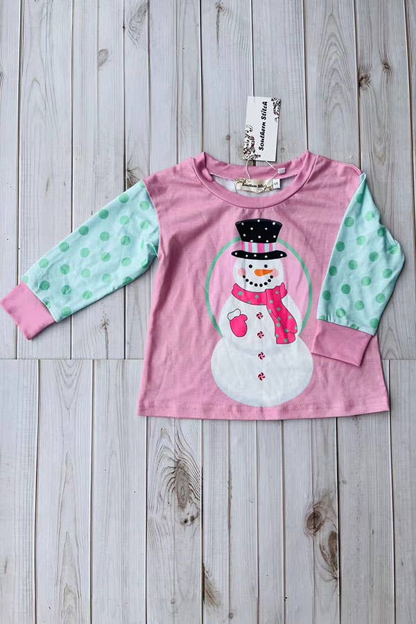 luluclothes - Wholesale Screen Printed T-Shirt - Kids - Christmas snowman printed pink girls t-shirt XCH010175