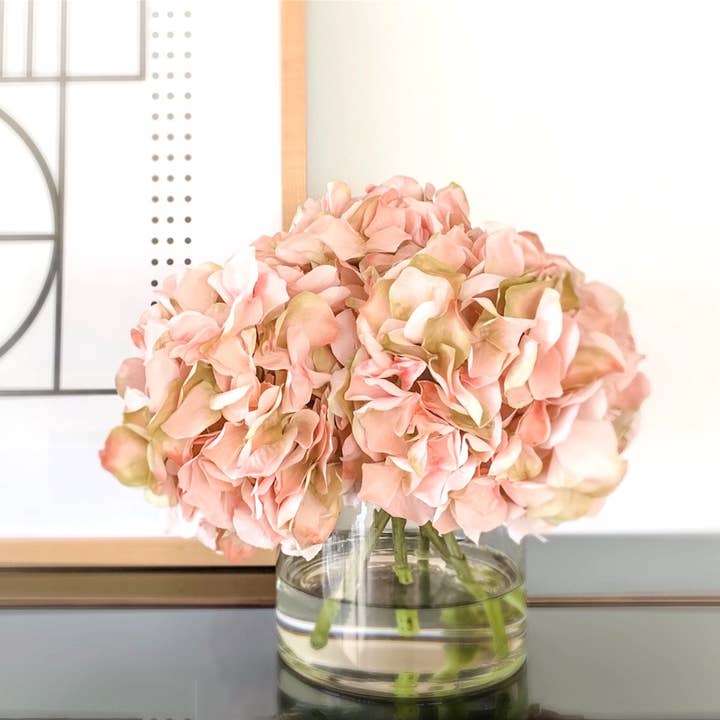 Silk hydrangeas arrangement in glass vase - pink for wholesale by Vivian Rose LLC